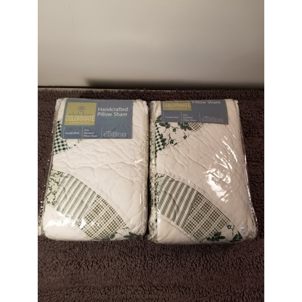 Vintage Sears Set of 2 Green/white Floral/Gingham Quilted Standard Pillow Shams
